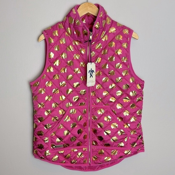 SIMPLY SOUTHERN Puffer Vest Elephant Print Preppy Colligiate Large Gold Pink - Picture 1 of 9